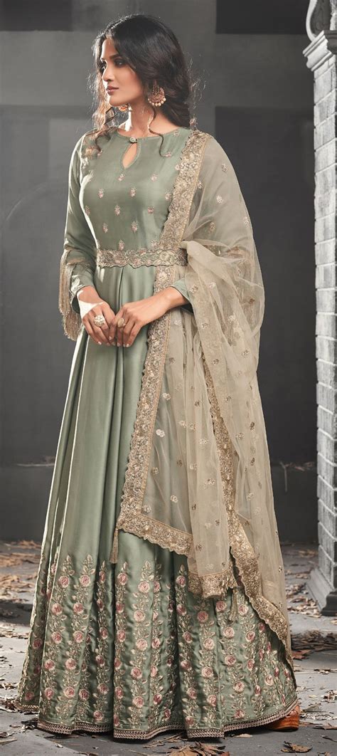 Satin Silk Bollywood Salwar Kameez In Green With Thread Work Indian Gowns Dresses Indian