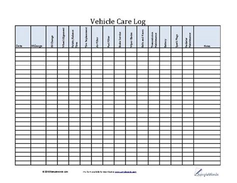 It has all the requested features, including columns for the date of service, work performed, mileage at service, and cost. Vehicle Care Log - Printable PDF Form for Car Maintenance