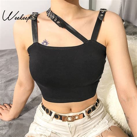 Weekeep Black Cropped Streetwear Tank Top Women 2019 Sexy Strap Bralette Summer Knitted Backless