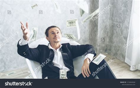 Happy Business Man Very Rich Guy Throw Money Dollar Bills In Air Like