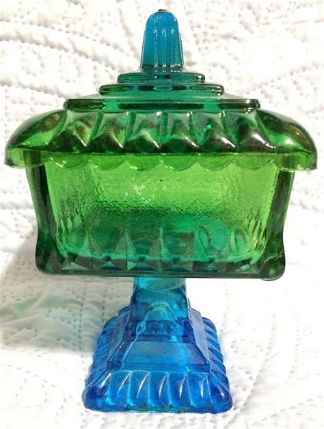 vintage jeannette glass candy dish with lid pedestal compote 1960s green and blue ombre green