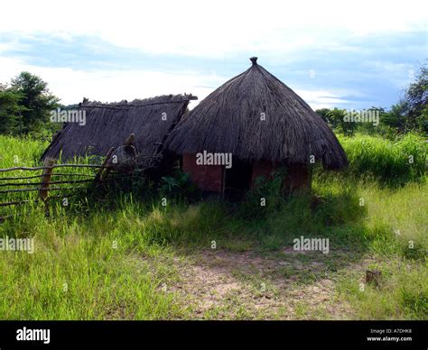 Traditional African Village House With Thatched Roof With Green Field