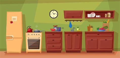 Premium Vector Flat Cartoon Of Kitchen With Furniture Cozy Kitchen