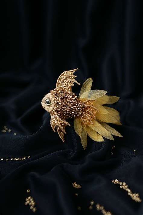 Gold Colored Fish Bright Brooch Hand Embroidery Sea Creatures Etsy