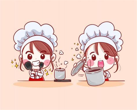 Smiling Female Chef Woman Chef Is Cooking Hand Drawn Illustration Cute Cartoon Wallpapers