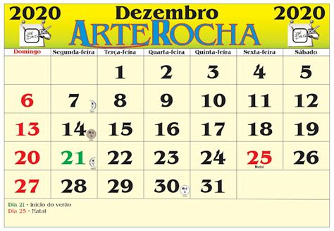 Arterocha CalendÁrio MÊs De Dezembro 2020