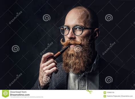 A Man Smoking Pipe Over Grey Background Stock Image Image Of Hipster