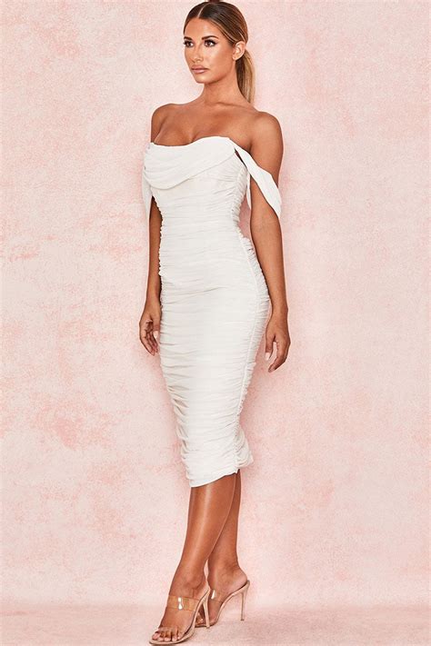 Off Shoulder Ruched Bodycon Cocktail Party Dress White Rosedress