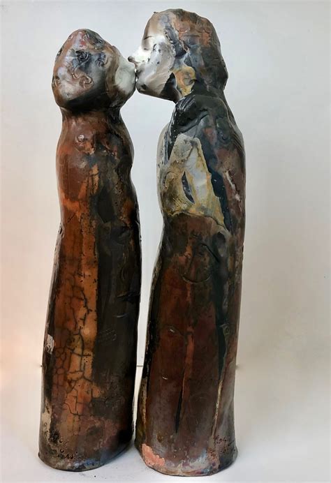Kissing Couple 1 Pit Fired Handbuilt Clay Figure Pair By Monique Sarkessian Expressionist