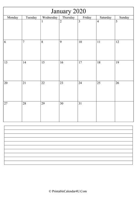 Printable January Calendar 2020 With Notes Portrait