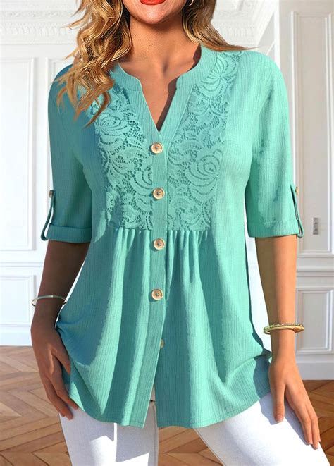 ROTITA Patchwork Mint Green Split Neck Half Sleeve Blouse Blouse