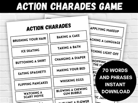 Printable Charades Game 70 Fun Words And Actions Charades Etsy Australia