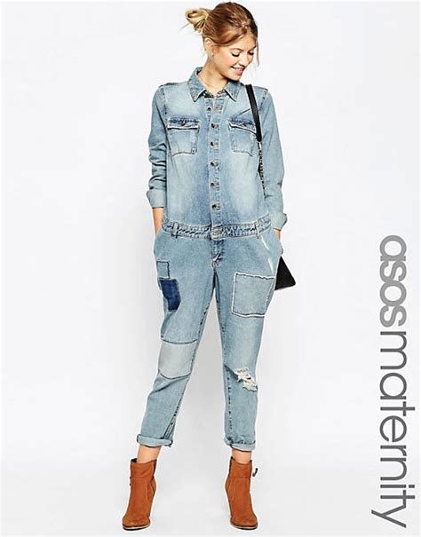 Asos Maternity Denim Utility Jumpsuit In Vintage Wash With Patches Asos