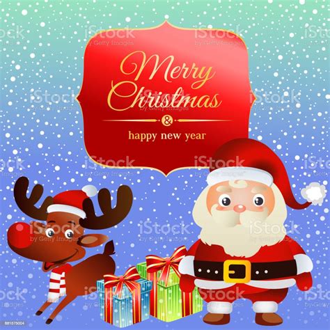 Golden Snow Christmas Card Reindeer And Santa Stock Illustration
