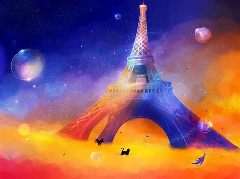 Download Wallpaper 1400x1050 Eiffel Tower Art Cat Bird