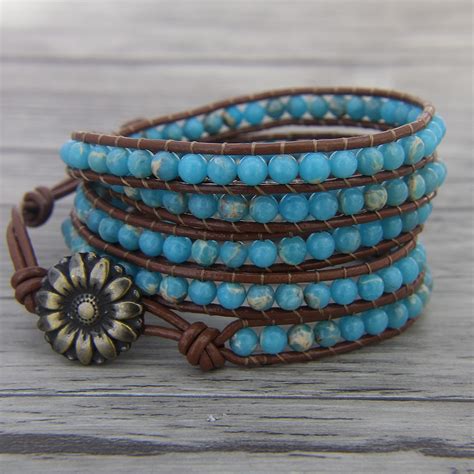Ocean Blue Bead Wrap Bracelet Bohemian Bead Leather Bracelet Boho Bead