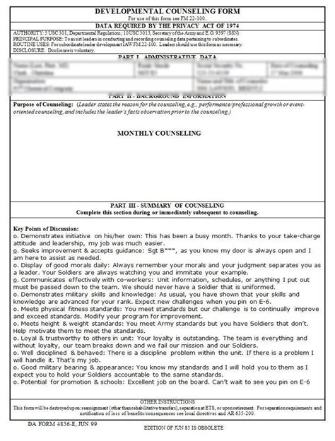 Army Counseling Form 4856 Monthly Counseling E 5 In 2020