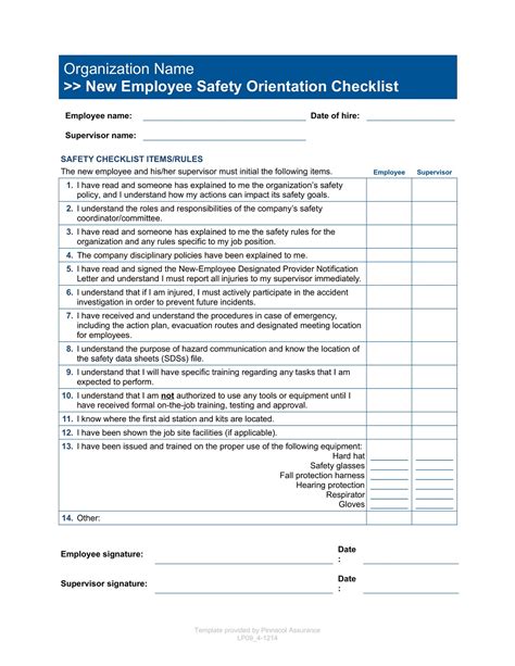 New Employee Safety Orientation Checklist Template Example
