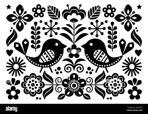 Scandinavian Folk Art Vector Cute Floral Pattern Greeting Card Or