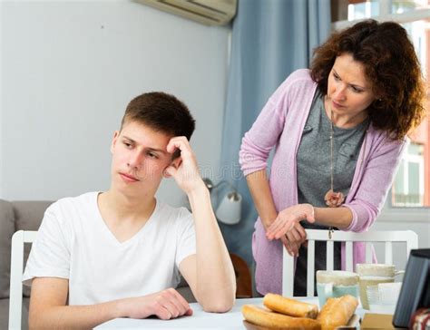 Worried Mother Scolding Teenage Son Stock Image Image Of Interior
