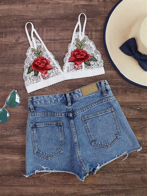 Shop Rose Embroidered Patch Scalloped Hem Lace Bralet Online Shein Offers Rose Embroidered