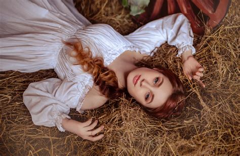 X Model Lying Down Woman Girl White Dress Redhead Blue