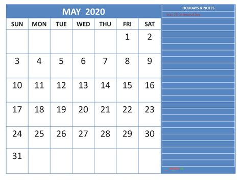 May 2020 Calendar With Holidays Word Pdf