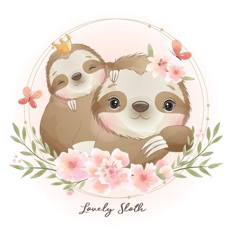 Cute Doodle Sloth With Floral Illustration 2063381 Vector Art At Vecteezy