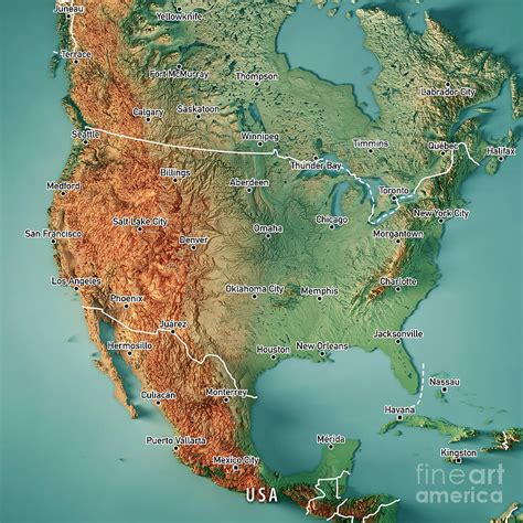 Usa 3d Render Topographic Map Border Cities Digital Art By Frank Ramspott