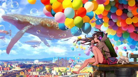 Colorful City Anime Girl Blowing Bubbles Hd Anime 4k