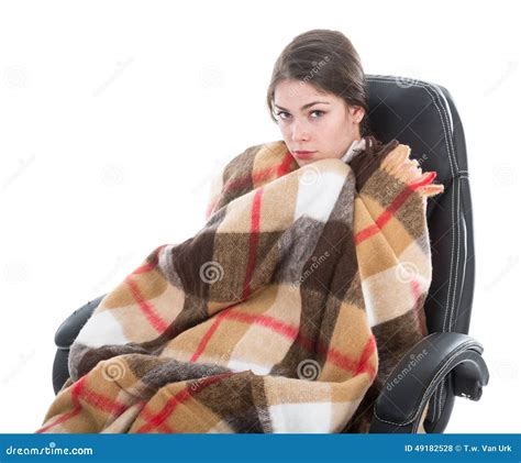 Woman With Blanket Sitting In Armchair Isolated Over White Stock Photo