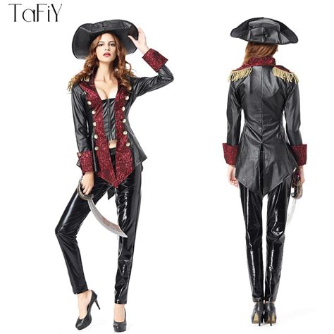Tafiy 2018 Sexy Women Pirate Costume Halloween Fancy Party Carnival Faux Leather Costume Set