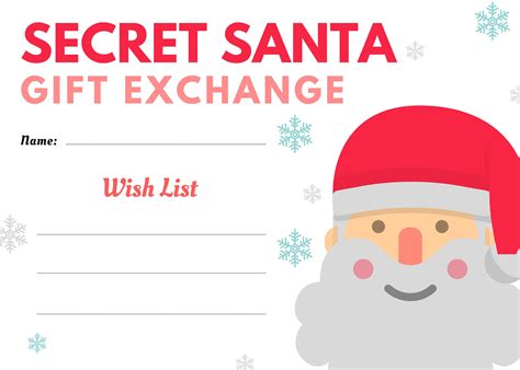 Printable Secret Santa Exchange Wish List Name Drawing Holiday Party