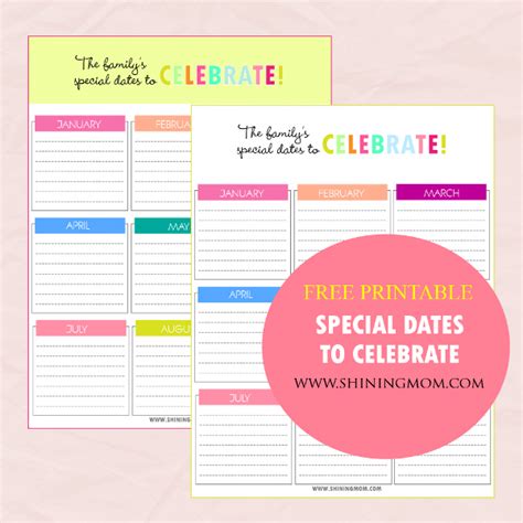 Printable Charts For Special Dates To Celebrate