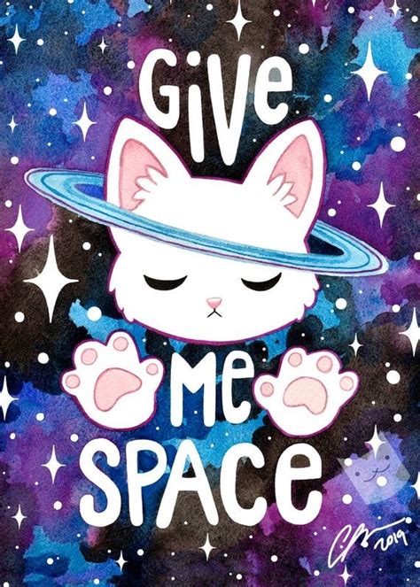 Give Me Space 5x7 Illustration Art Print White Kitty Cat Space