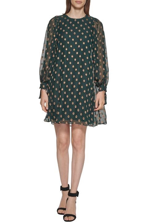 Calvin Klein Long Sleeve Clip Dot Chiffon Trapeze Dress In Green Lyst