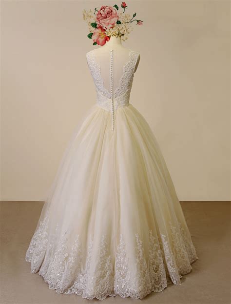 Champagne Wedding Dress Lace Applique Tulle Bridal Gown Floor Length