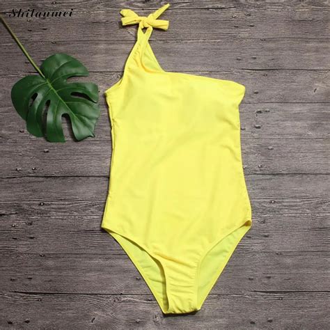 Yellow One Shoulder Bikini 2018 High Cut Solid Bathing Suit Women