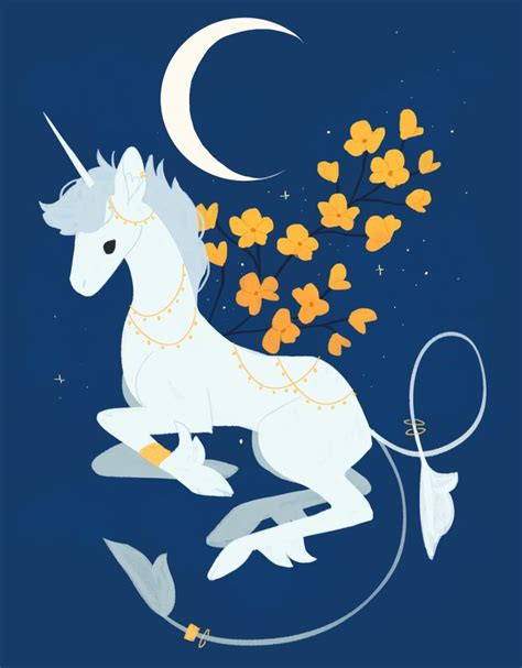 A White Unicorn Sitting On Top Of A Blue Surface Next To Flowers And