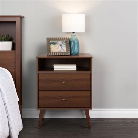 Prepac Milo 2 Drawer Mid Century Modern Nightstand With Open Shelf In