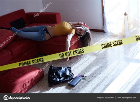 Crime Scene Imitation Lifeless Woman Lying On The Sofa Stock Photo By