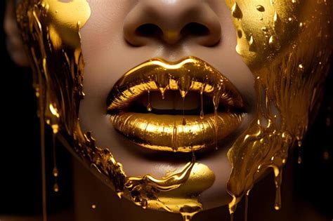Premium Photo Golden Elegance Artistic Paint Drips On Luscious Lips