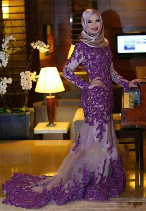Purple Modest Mermaid Muslim Prom Dresses Long Sleeves Beaded Lace