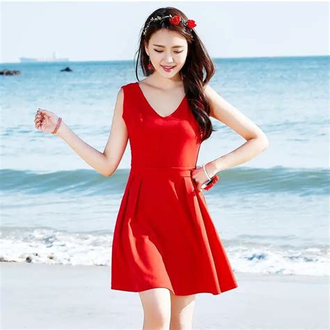 2017 Sexy Red Summer Beach Wear Sleeveless V Neck Above Knee Mini Beach Dress Party Dresses
