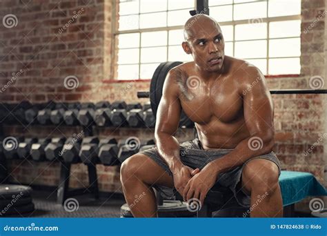 Muscular Sweaty Man Resting In Gym Stock Photo Image Of Determination