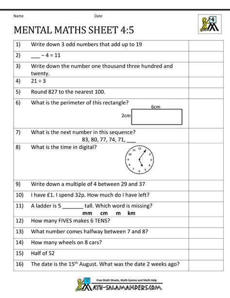 The worksheets are randomly generated each time you click on the links below. Mental Maths Test Year 4 Worksheets