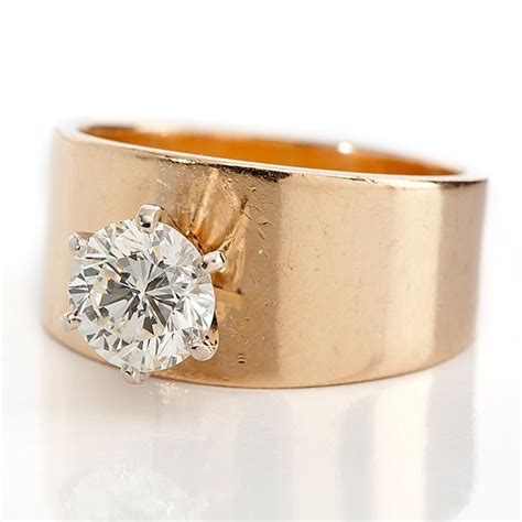 14 Karat Yellow Gold Wide Band Solitaire Diamond Ring