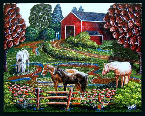 Original Colorful And Whimsical Folk Art Painting Of Horses Feeding