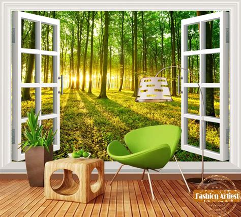 Custom 3d Tree Wallpaper Mural Sunshine In Forest Grassland Out Of