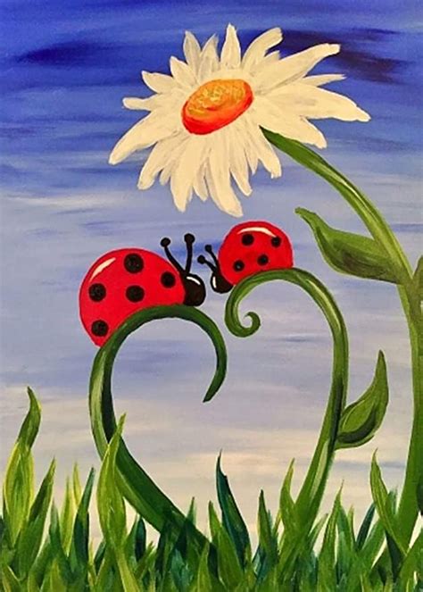 A Painting Of Two Ladybugs Sitting On Top Of A Flower In The Grass